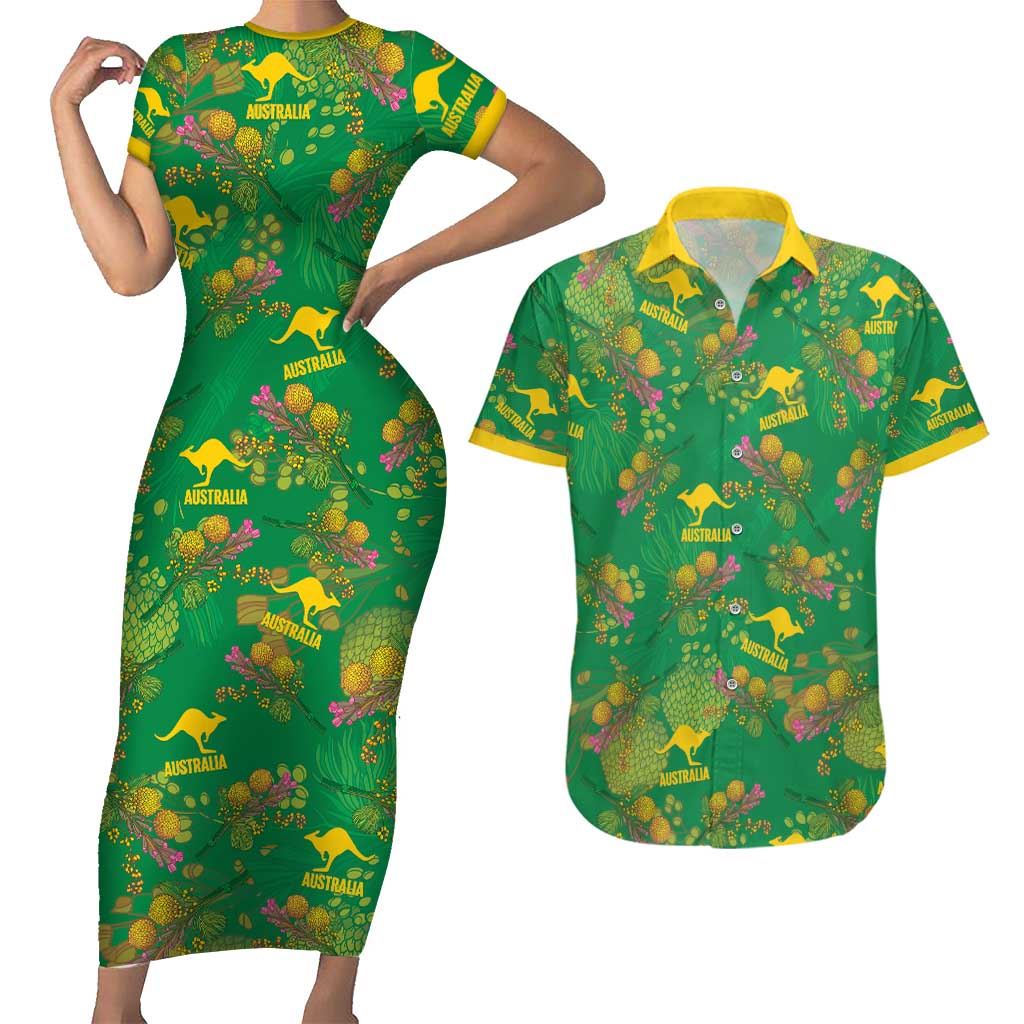 Australia Billy Buttons Couples Matching Short Sleeve Bodycon Dress and Hawaiian Shirt Aussie Pycnosorus Kangaroo Seamless Style