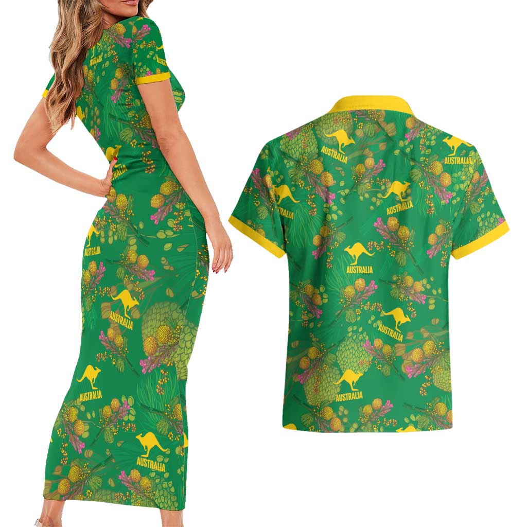 Australia Billy Buttons Couples Matching Short Sleeve Bodycon Dress and Hawaiian Shirt Aussie Pycnosorus Kangaroo Seamless Style