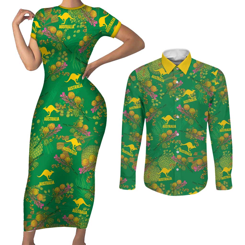 Australia Billy Buttons Couples Matching Short Sleeve Bodycon Dress and Long Sleeve Button Shirt Aussie Pycnosorus Kangaroo Seamless Style