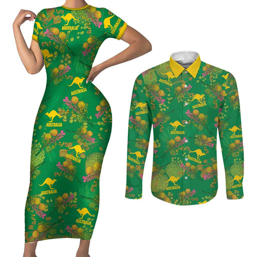 Australia Billy Buttons Couples Matching Short Sleeve Bodycon Dress and Long Sleeve Button Shirt Aussie Pycnosorus Kangaroo Seamless Style