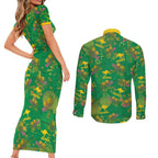 Australia Billy Buttons Couples Matching Short Sleeve Bodycon Dress and Long Sleeve Button Shirt Aussie Pycnosorus Kangaroo Seamless Style