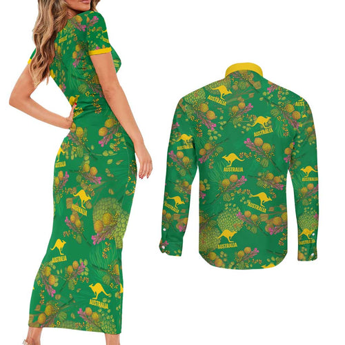 Australia Billy Buttons Couples Matching Short Sleeve Bodycon Dress and Long Sleeve Button Shirt Aussie Pycnosorus Kangaroo Seamless Style