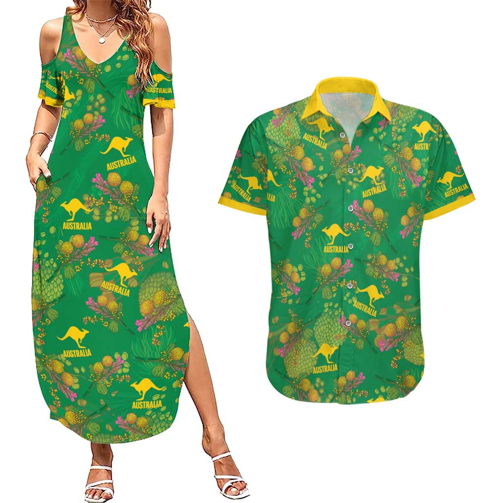 Australia Billy Buttons Couples Matching Summer Maxi Dress and Hawaiian Shirt Aussie Pycnosorus Kangaroo Seamless Style
