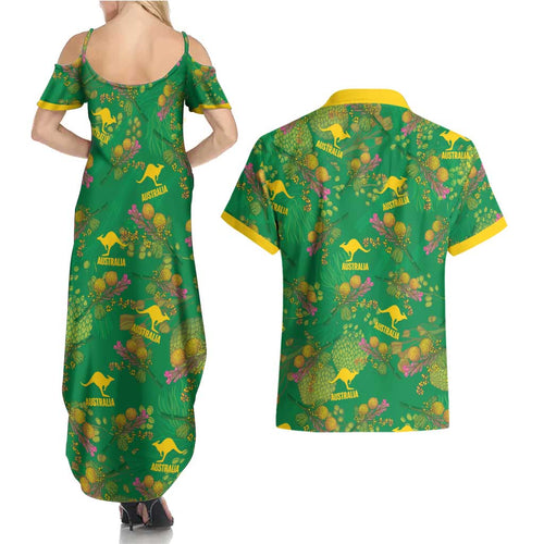 Australia Billy Buttons Couples Matching Summer Maxi Dress and Hawaiian Shirt Aussie Pycnosorus Kangaroo Seamless Style
