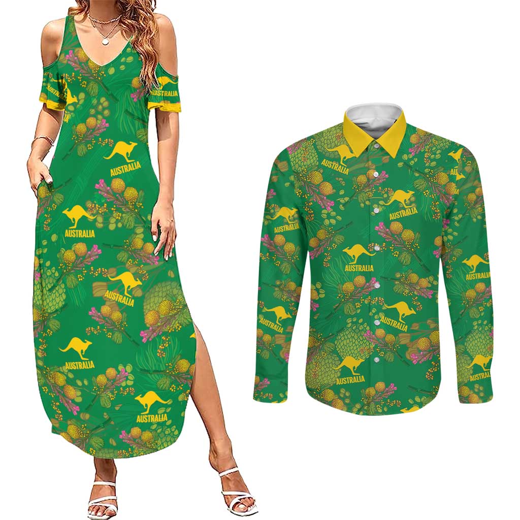 Australia Billy Buttons Couples Matching Summer Maxi Dress and Long Sleeve Button Shirt Aussie Pycnosorus Kangaroo Seamless Style
