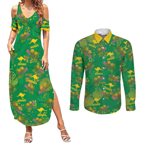 Australia Billy Buttons Couples Matching Summer Maxi Dress and Long Sleeve Button Shirt Aussie Pycnosorus Kangaroo Seamless Style