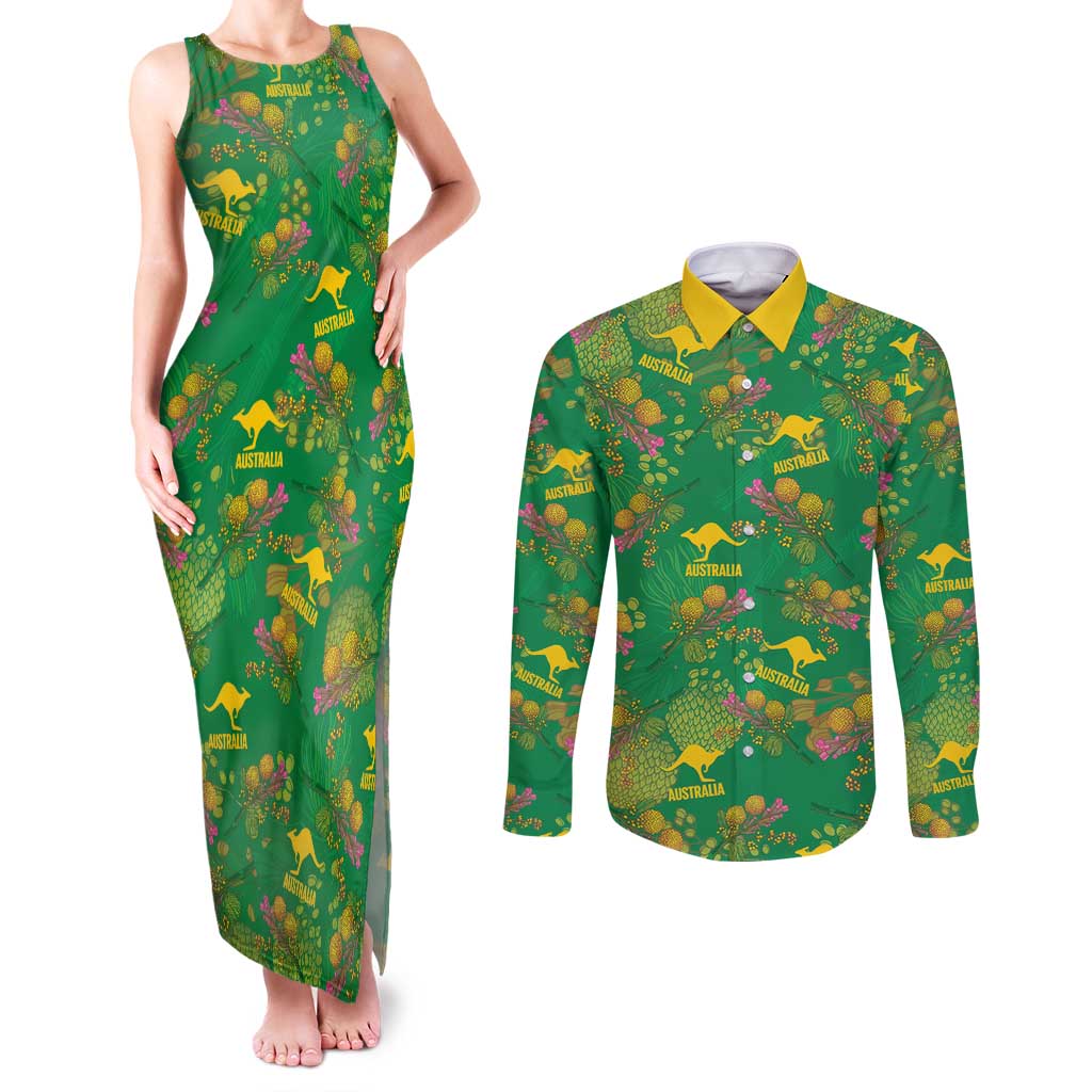 Australia Billy Buttons Couples Matching Tank Maxi Dress and Long Sleeve Button Shirt Aussie Pycnosorus Kangaroo Seamless Style