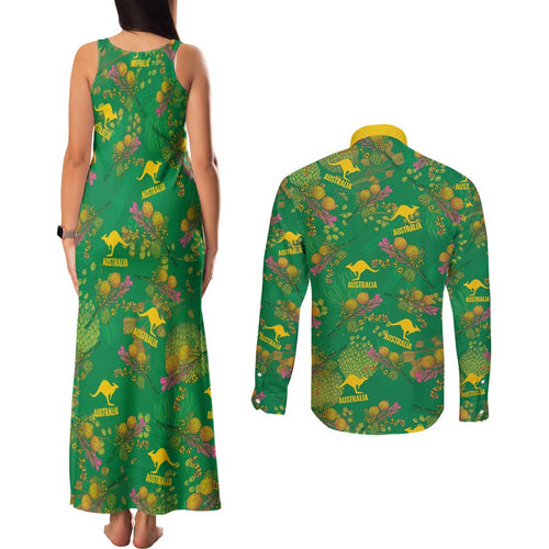 Australia Billy Buttons Couples Matching Tank Maxi Dress and Long Sleeve Button Shirt Aussie Pycnosorus Kangaroo Seamless Style