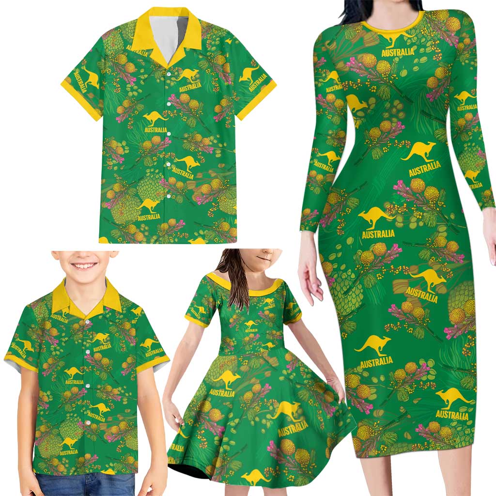 Australia Billy Buttons Family Matching Long Sleeve Bodycon Dress and Hawaiian Shirt Aussie Pycnosorus Kangaroo Seamless Style