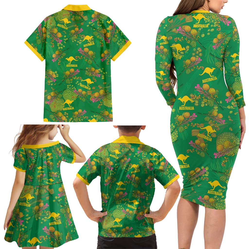 Australia Billy Buttons Family Matching Long Sleeve Bodycon Dress and Hawaiian Shirt Aussie Pycnosorus Kangaroo Seamless Style