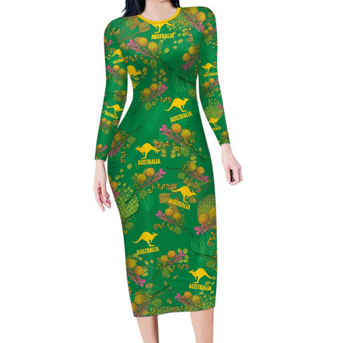 Australia Billy Buttons Family Matching Long Sleeve Bodycon Dress and Hawaiian Shirt Aussie Pycnosorus Kangaroo Seamless Style