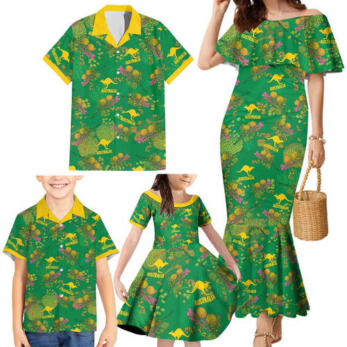 Australia Billy Buttons Family Matching Mermaid Dress and Hawaiian Shirt Aussie Pycnosorus Kangaroo Seamless Style