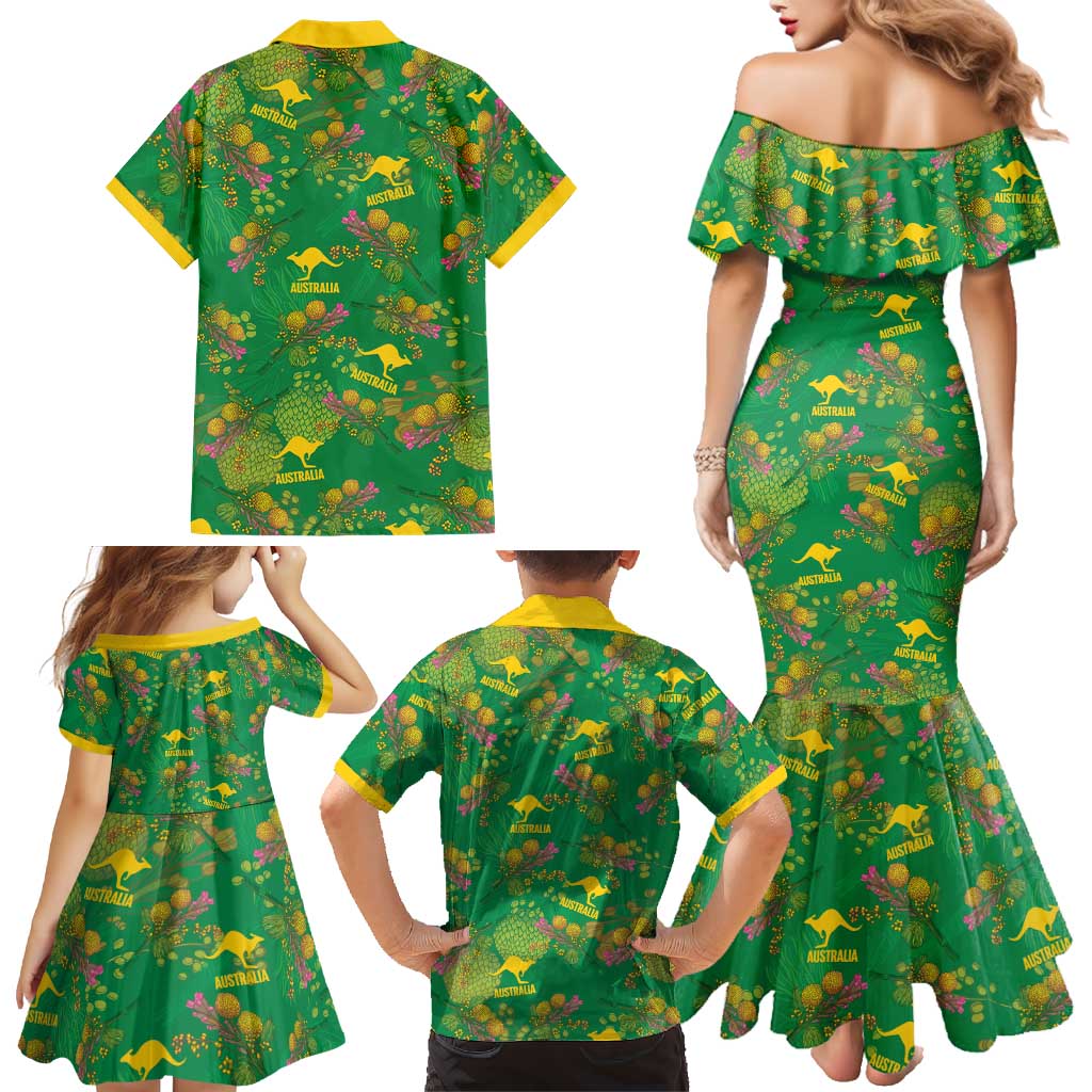 Australia Billy Buttons Family Matching Mermaid Dress and Hawaiian Shirt Aussie Pycnosorus Kangaroo Seamless Style