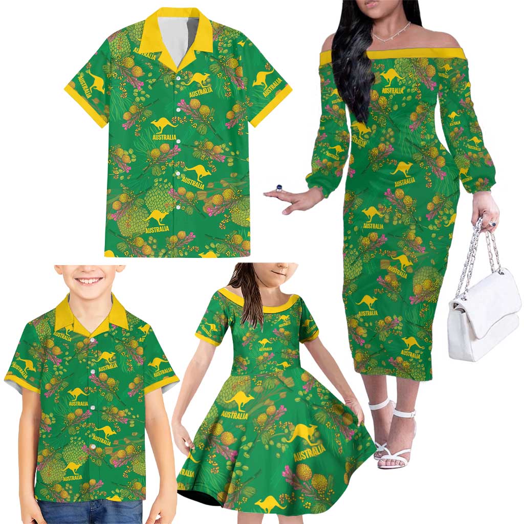 Australia Billy Buttons Family Matching Off The Shoulder Long Sleeve Dress and Hawaiian Shirt Aussie Pycnosorus Kangaroo Seamless Style