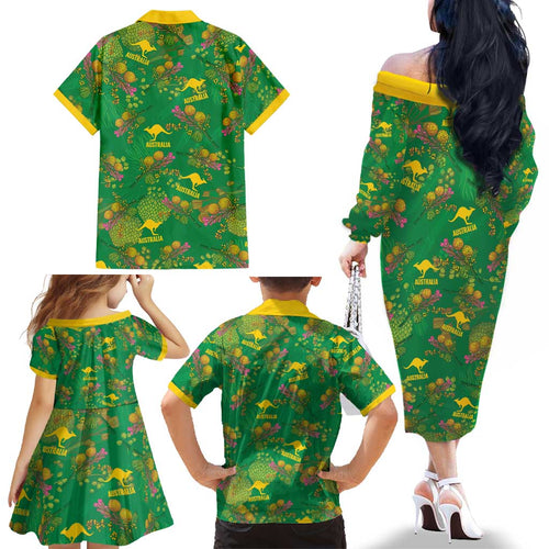Australia Billy Buttons Family Matching Off The Shoulder Long Sleeve Dress and Hawaiian Shirt Aussie Pycnosorus Kangaroo Seamless Style