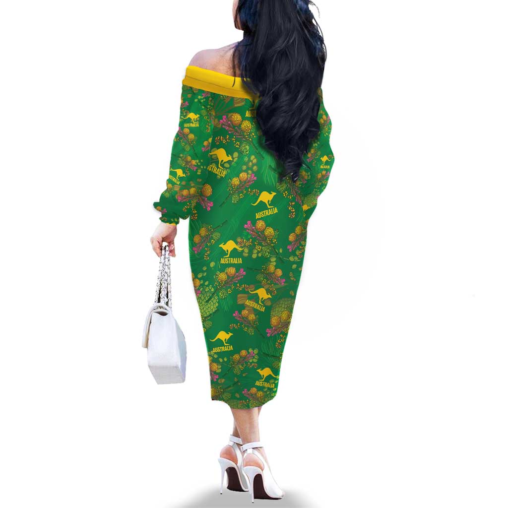 Australia Billy Buttons Family Matching Off The Shoulder Long Sleeve Dress and Hawaiian Shirt Aussie Pycnosorus Kangaroo Seamless Style