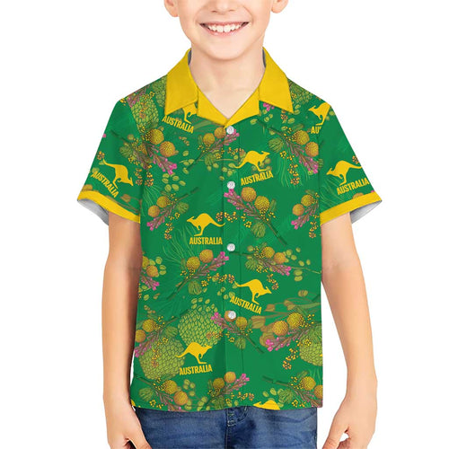 Australia Billy Buttons Family Matching Off The Shoulder Long Sleeve Dress and Hawaiian Shirt Aussie Pycnosorus Kangaroo Seamless Style
