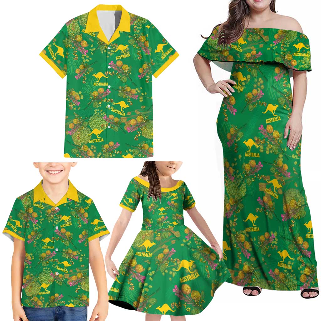 Australia Billy Buttons Family Matching Off Shoulder Maxi Dress and Hawaiian Shirt Aussie Pycnosorus Kangaroo Seamless Style
