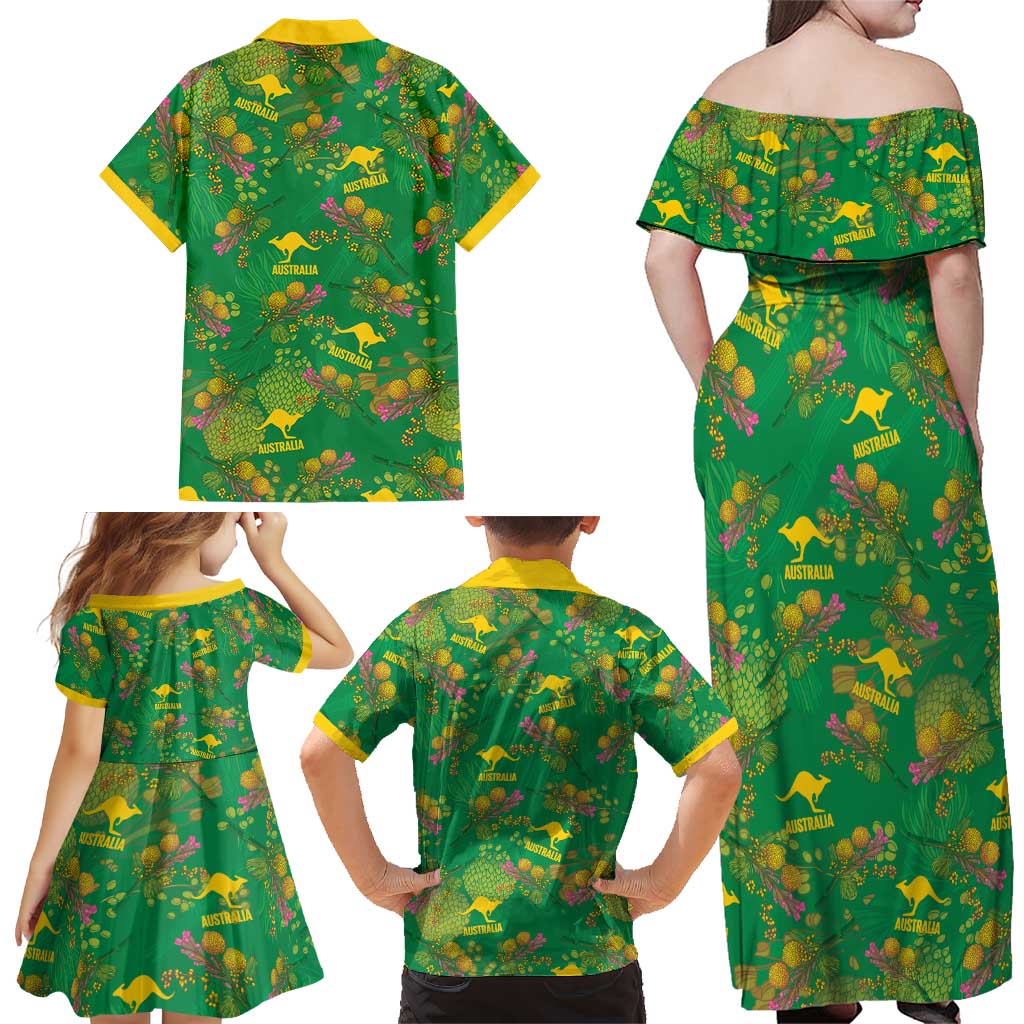 Australia Billy Buttons Family Matching Off Shoulder Maxi Dress and Hawaiian Shirt Aussie Pycnosorus Kangaroo Seamless Style