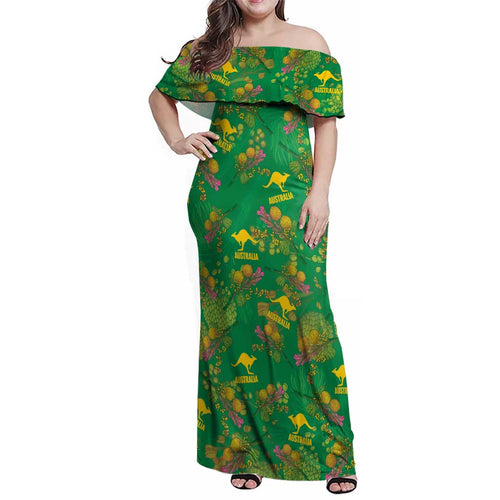 Australia Billy Buttons Family Matching Off Shoulder Maxi Dress and Hawaiian Shirt Aussie Pycnosorus Kangaroo Seamless Style
