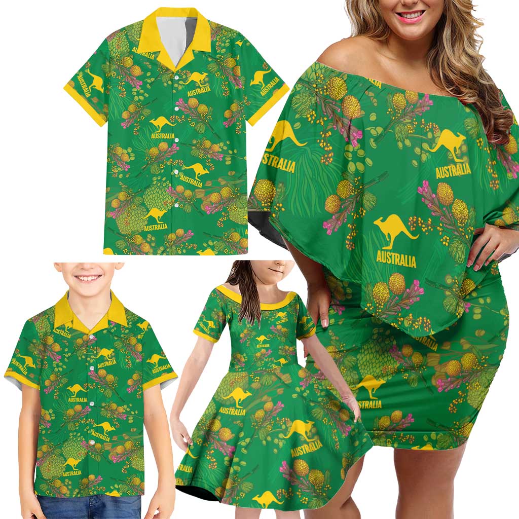 Australia Billy Buttons Family Matching Off Shoulder Short Dress and Hawaiian Shirt Aussie Pycnosorus Kangaroo Seamless Style