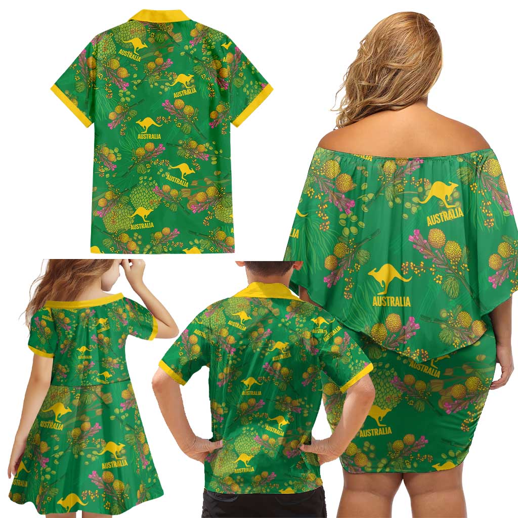 Australia Billy Buttons Family Matching Off Shoulder Short Dress and Hawaiian Shirt Aussie Pycnosorus Kangaroo Seamless Style