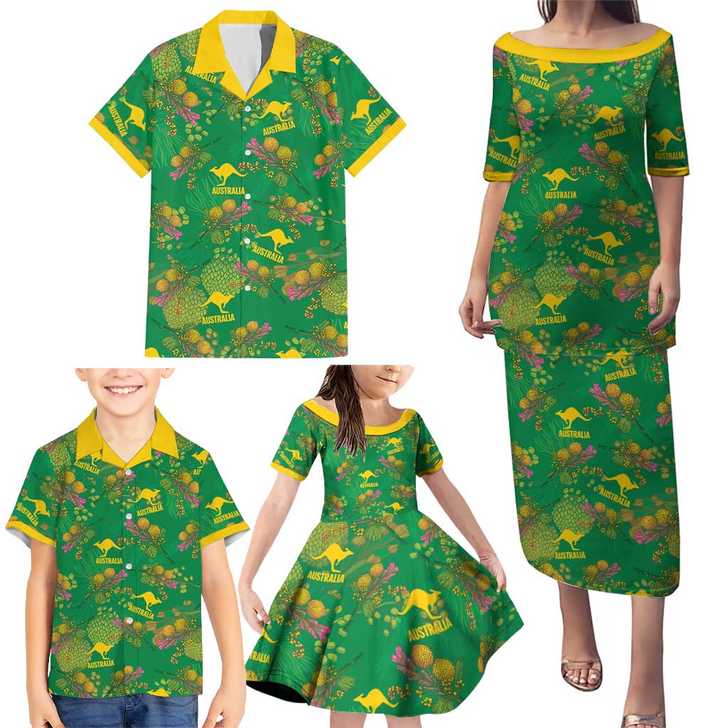 Australia Billy Buttons Family Matching Puletasi and Hawaiian Shirt Aussie Pycnosorus Kangaroo Seamless Style