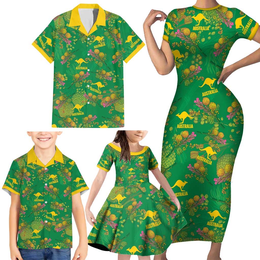 Australia Billy Buttons Family Matching Short Sleeve Bodycon Dress and Hawaiian Shirt Aussie Pycnosorus Kangaroo Seamless Style
