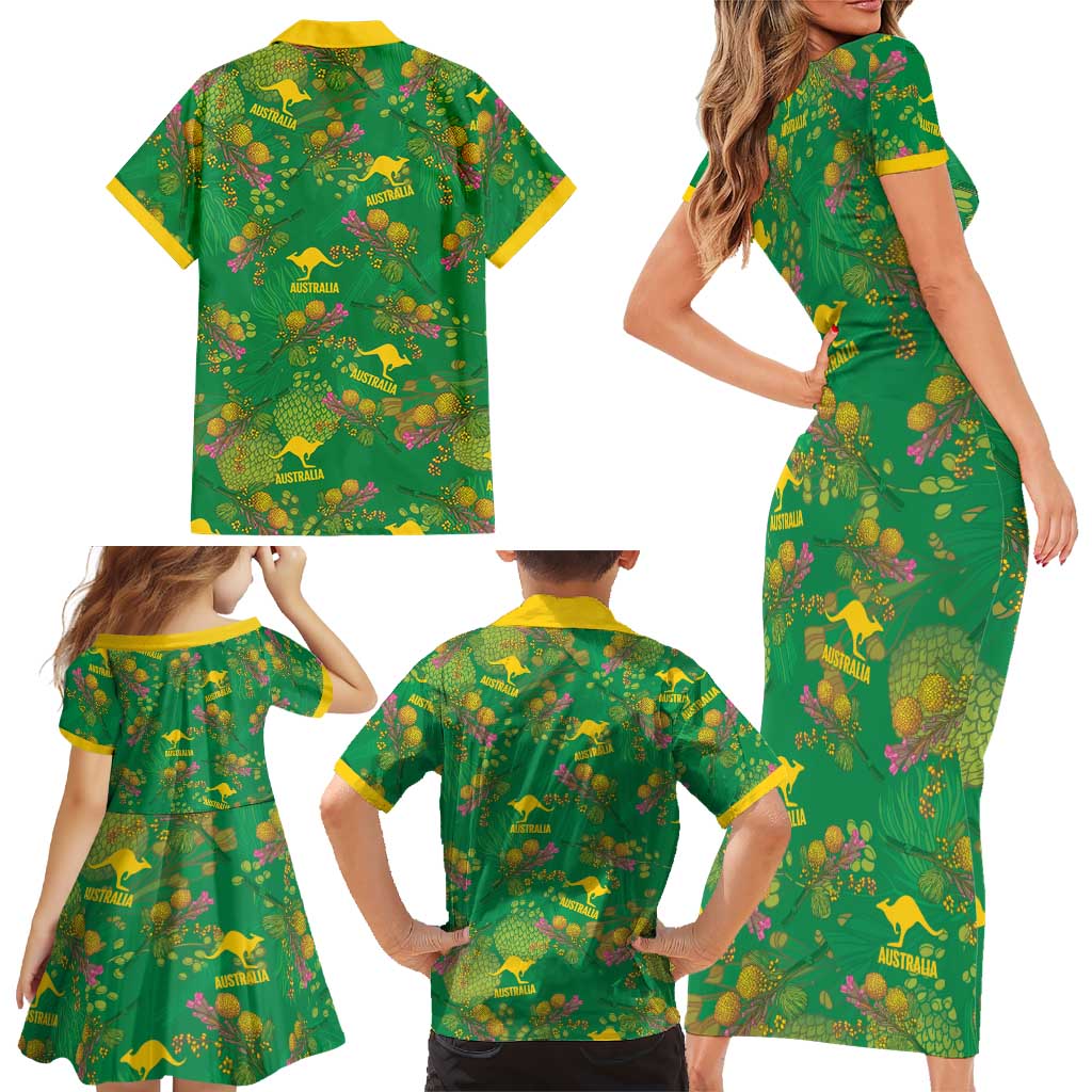 Australia Billy Buttons Family Matching Short Sleeve Bodycon Dress and Hawaiian Shirt Aussie Pycnosorus Kangaroo Seamless Style