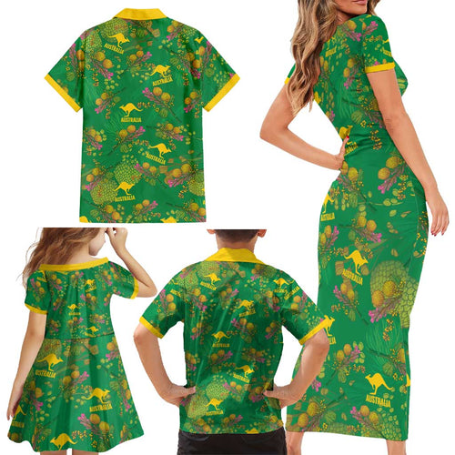Australia Billy Buttons Family Matching Short Sleeve Bodycon Dress and Hawaiian Shirt Aussie Pycnosorus Kangaroo Seamless Style