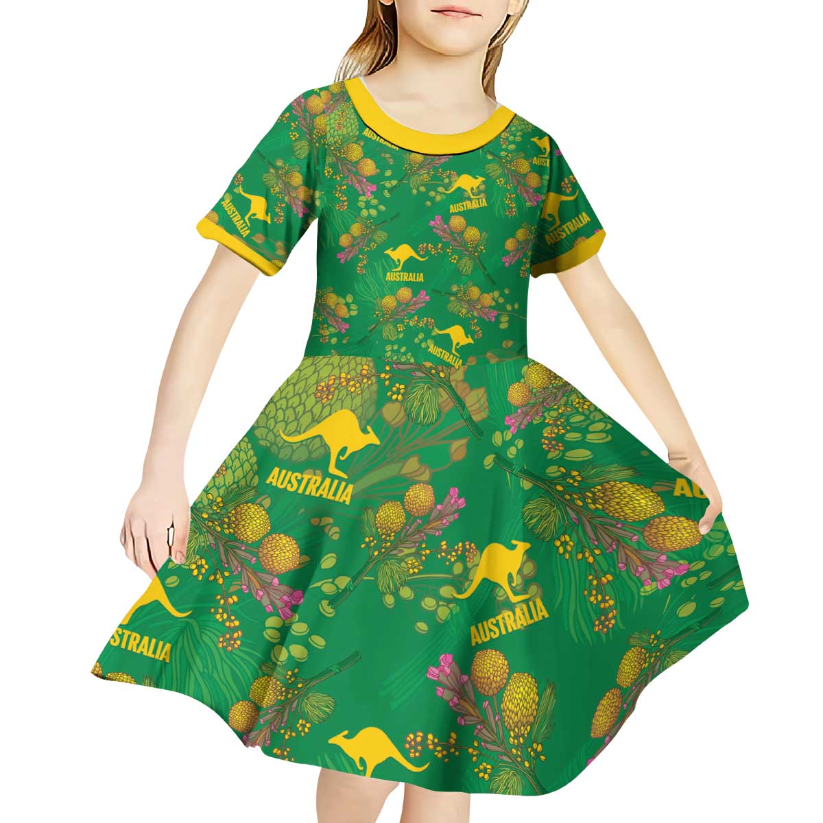 Australia Billy Buttons Kid Short Sleeve Dress Aussie Pycnosorus Kangaroo Seamless Style