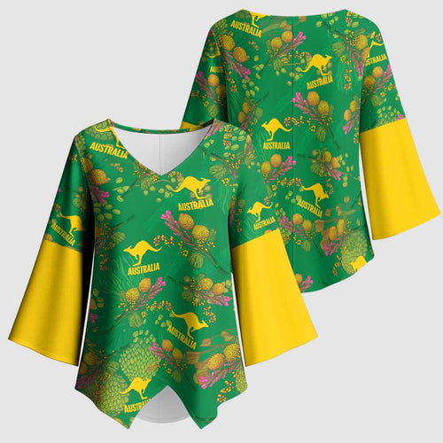 Australia Billy Buttons Kimono Sleeve Blouse Aussie Pycnosorus Kangaroo Seamless Style