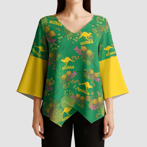 Australia Billy Buttons Kimono Sleeve Blouse Aussie Pycnosorus Kangaroo Seamless Style