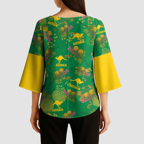 Australia Billy Buttons Kimono Sleeve Blouse Aussie Pycnosorus Kangaroo Seamless Style