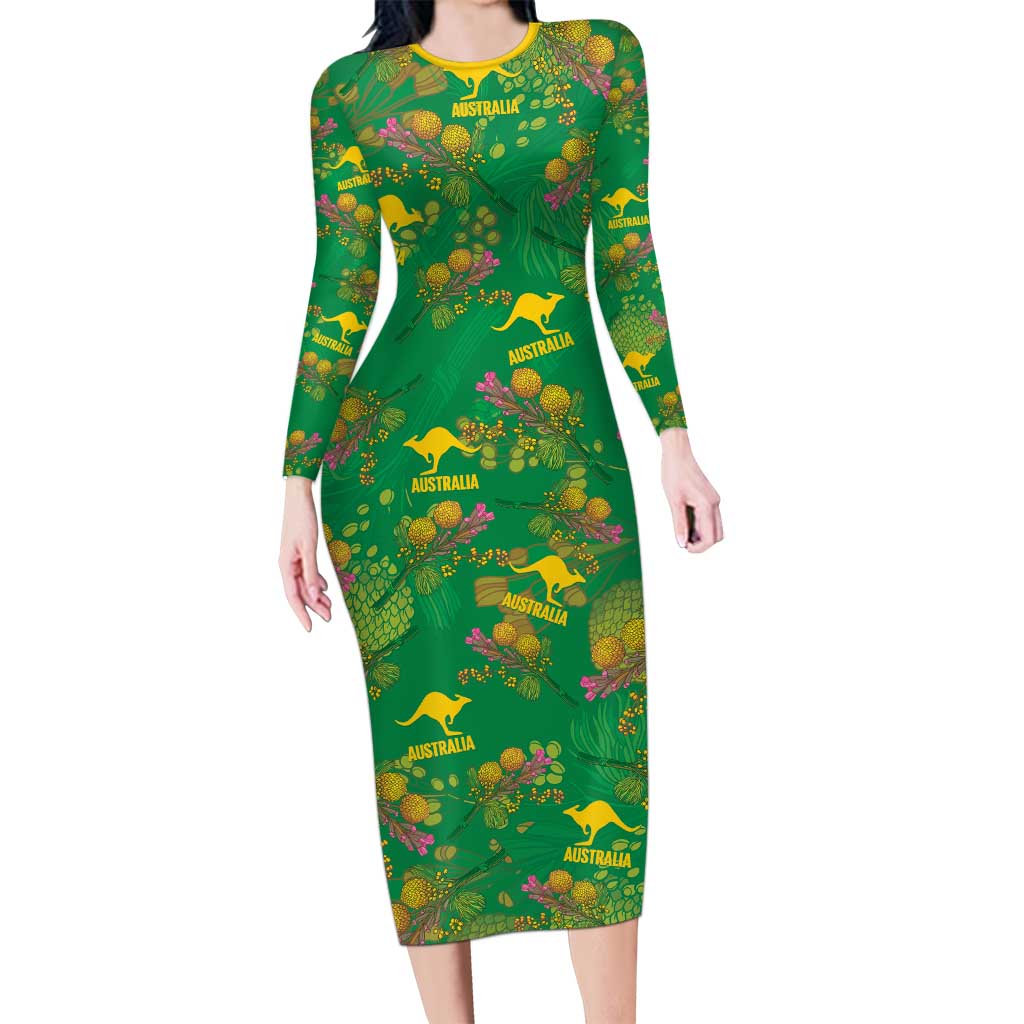 Australia Billy Buttons Long Sleeve Bodycon Dress Aussie Pycnosorus Kangaroo Seamless Style