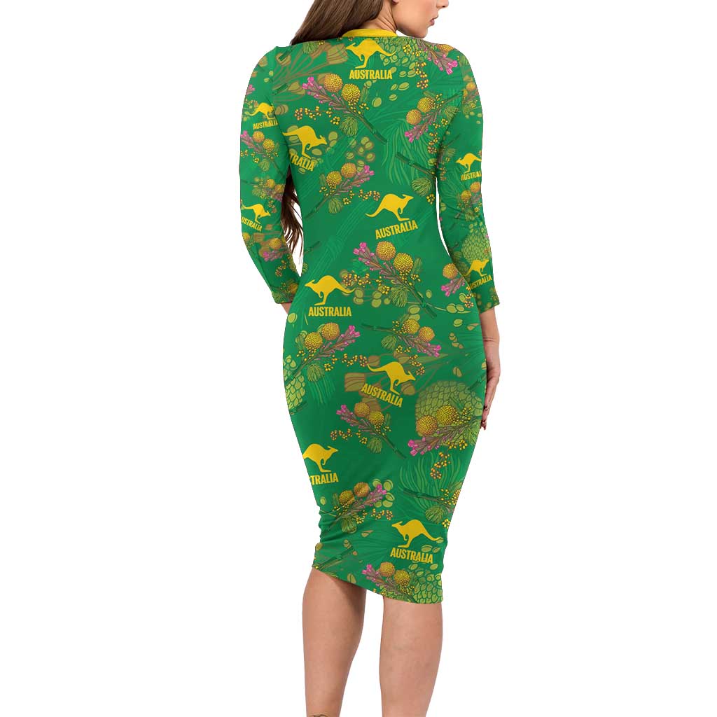 Australia Billy Buttons Long Sleeve Bodycon Dress Aussie Pycnosorus Kangaroo Seamless Style
