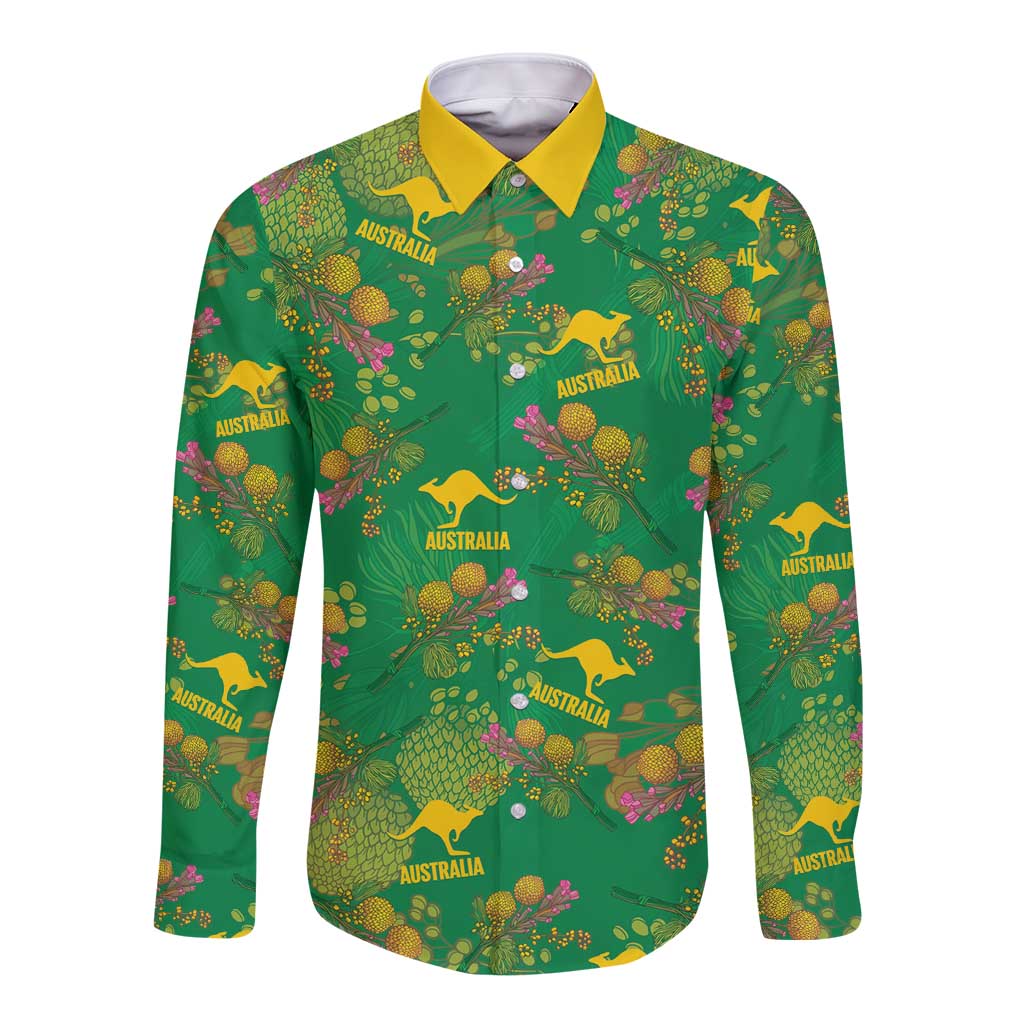 Australia Billy Buttons Long Sleeve Button Shirt Aussie Pycnosorus Kangaroo Seamless Style