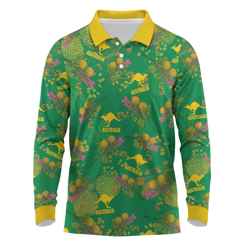Australia Billy Buttons Long Sleeve Polo Shirt Aussie Pycnosorus Kangaroo Seamless Style
