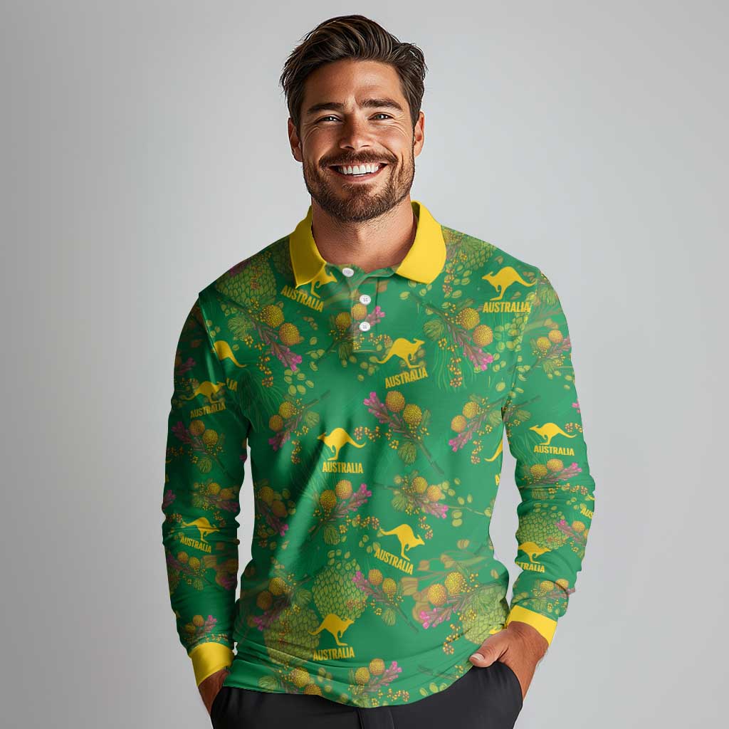 Australia Billy Buttons Long Sleeve Polo Shirt Aussie Pycnosorus Kangaroo Seamless Style