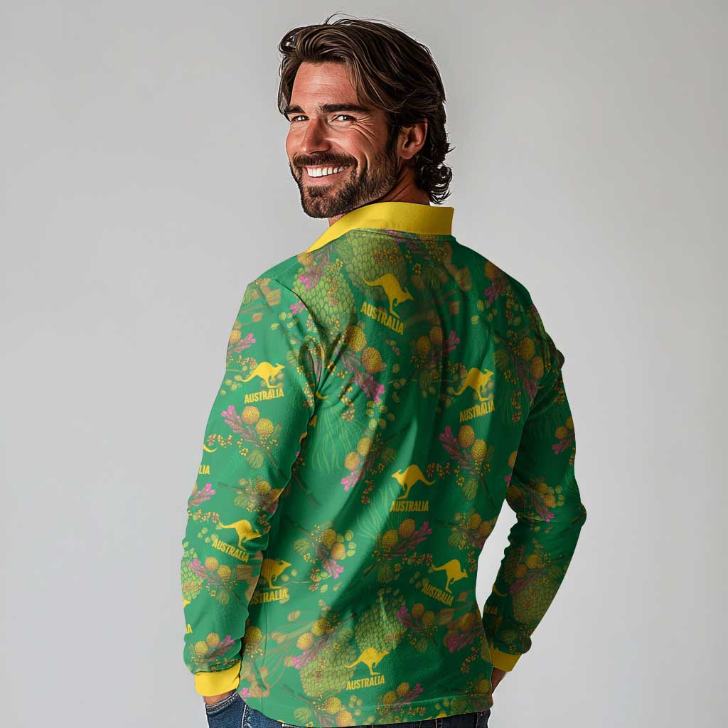 Australia Billy Buttons Long Sleeve Polo Shirt Aussie Pycnosorus Kangaroo Seamless Style