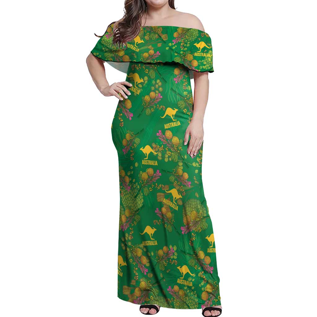 Australia Billy Buttons Off Shoulder Maxi Dress Aussie Pycnosorus Kangaroo Seamless Style