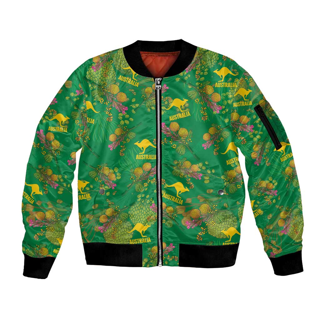 Australia Billy Buttons Sleeve Zip Bomber Jacket Aussie Pycnosorus Kangaroo Seamless Style