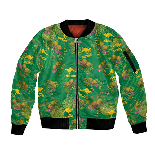 Australia Billy Buttons Sleeve Zip Bomber Jacket Aussie Pycnosorus Kangaroo Seamless Style