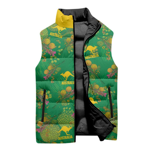 Australia Billy Buttons Sleeveless Puffer Jacket Aussie Pycnosorus Kangaroo Seamless Style