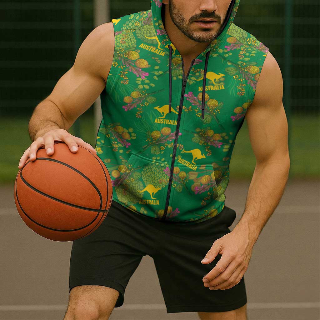 Australia Billy Buttons Sleeveless Zip Hoodie Aussie Pycnosorus Kangaroo Seamless Style