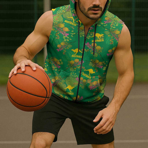 Australia Billy Buttons Sleeveless Zip Hoodie Aussie Pycnosorus Kangaroo Seamless Style