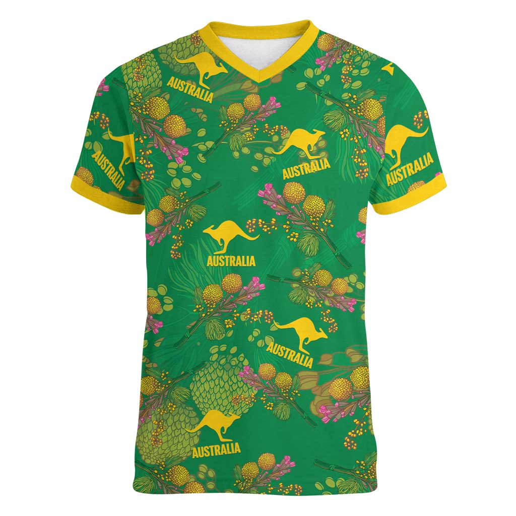 Australia Billy Buttons Women V-Neck T-Shirt Aussie Pycnosorus Kangaroo Seamless Style