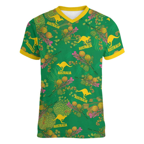 Australia Billy Buttons Women V-Neck T-Shirt Aussie Pycnosorus Kangaroo Seamless Style