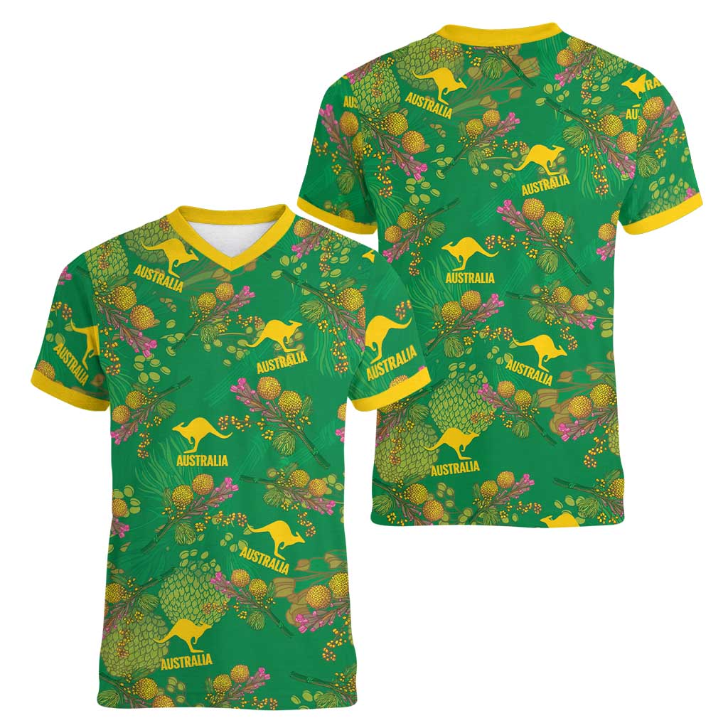 Australia Billy Buttons Women V-Neck T-Shirt Aussie Pycnosorus Kangaroo Seamless Style