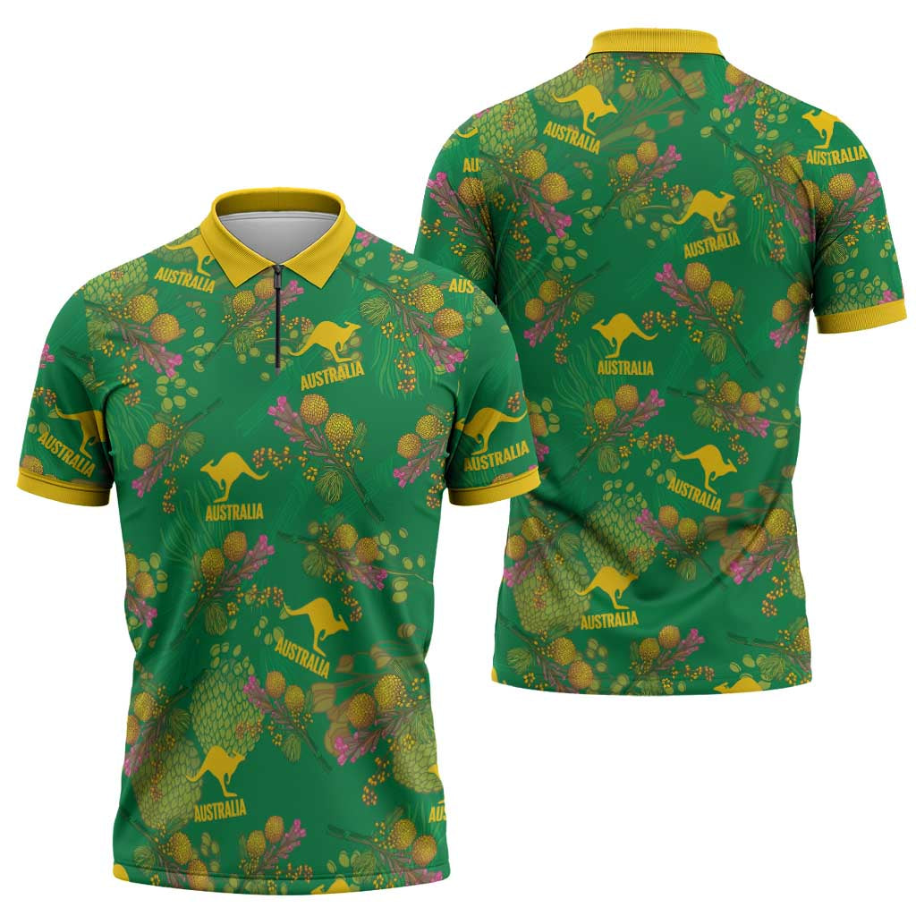 Australia Billy Buttons Zipper Polo Shirt Aussie Pycnosorus Kangaroo Seamless Style